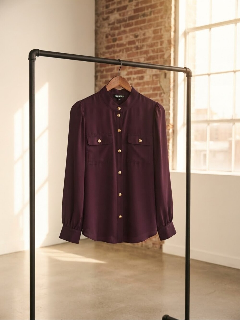 Express Plum Button-Front Long Sleeve Blouse with Gold Buttons